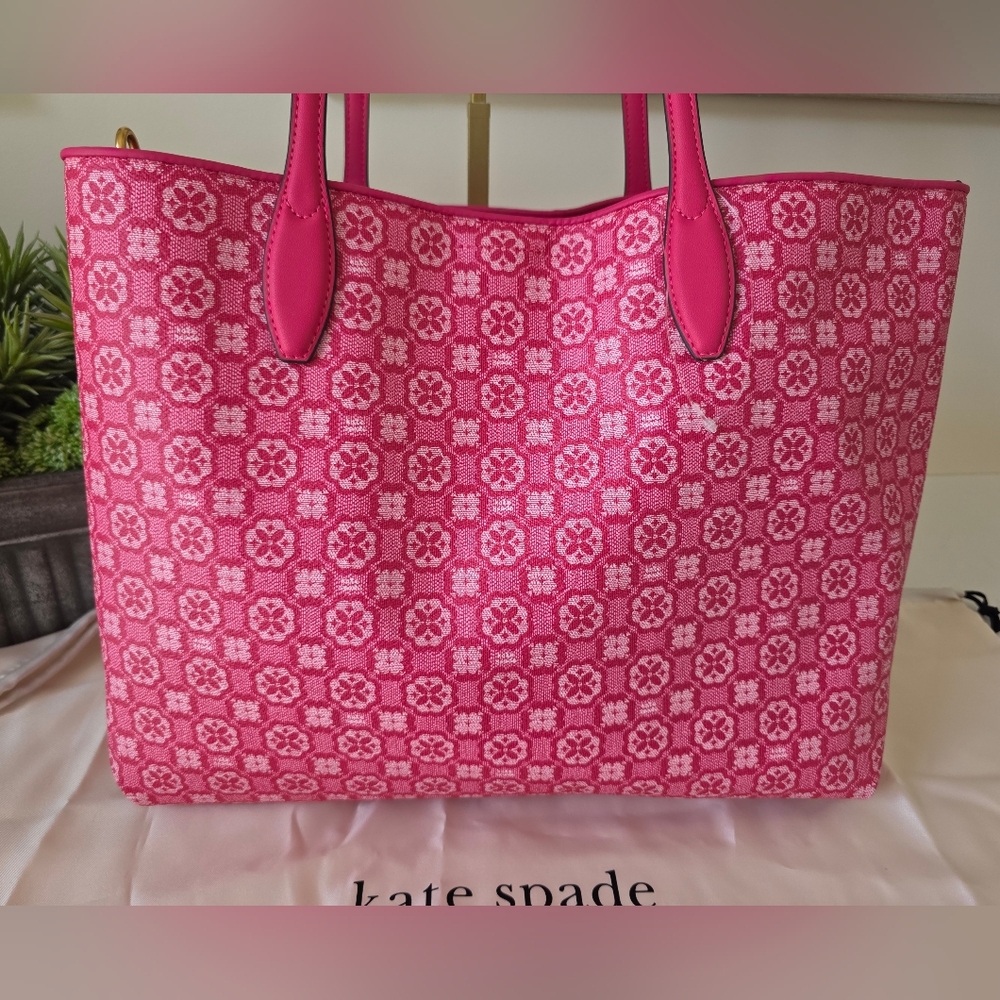 Kate Spade Raspberry Pink Spade Flower Monogram XL Canvas Tote + Pouch- NWOT - Picture 6 of 16